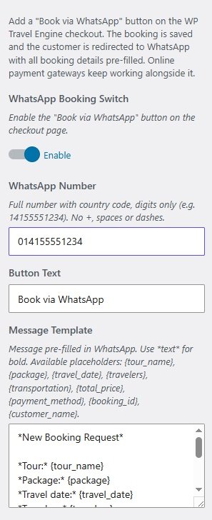 WhatsApp Booking Customizer settings